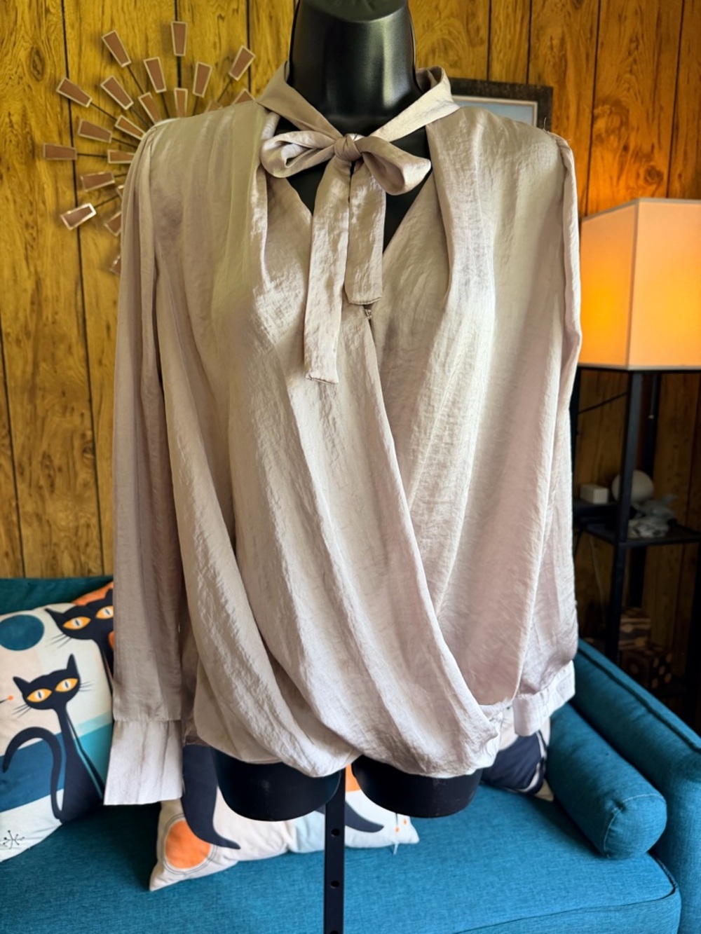 Label Lab Soft Tie-Neck Draped Blouse in Light Grey Taupe